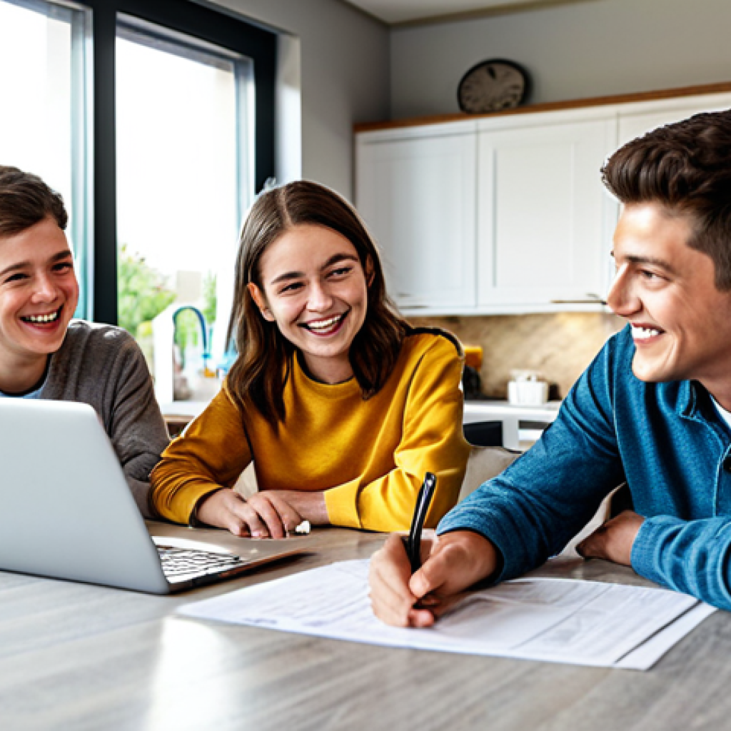 Family Budget Meeting**
* A family of four (parents and two teenagers) sitting around a kitchen table, reviewing papers and a laptop. They are smiling and engaged in discussion. The kitchen is bright and modern. Everyone is fully clothed in casual, appropriate attire. Safe for work, family-friendly, appropriate content, perfect anatomy, natural proportions, professional photography, high quality.
**