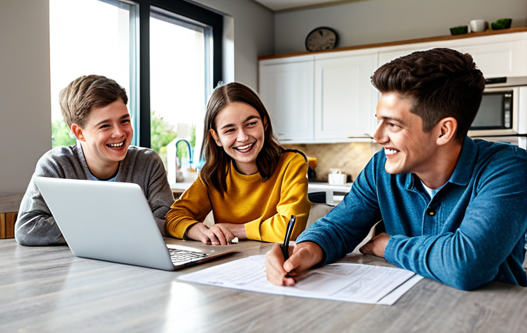 Family Budget Meeting**

*   A family of four (parents and two teenagers) sitting around a kitchen table, reviewing papers and a laptop. They are smiling and engaged in discussion. The kitchen is bright and modern. Everyone is fully clothed in casual, appropriate attire. Safe for work, family-friendly, appropriate content, perfect anatomy, natural proportions, professional photography, high quality.

**