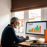 Home 21 비상 재무계획의 평가 기준 및 지표 설정 - A modern home office scene in a cozy Spanish apartment, showing a middle-aged person analyzing finan...