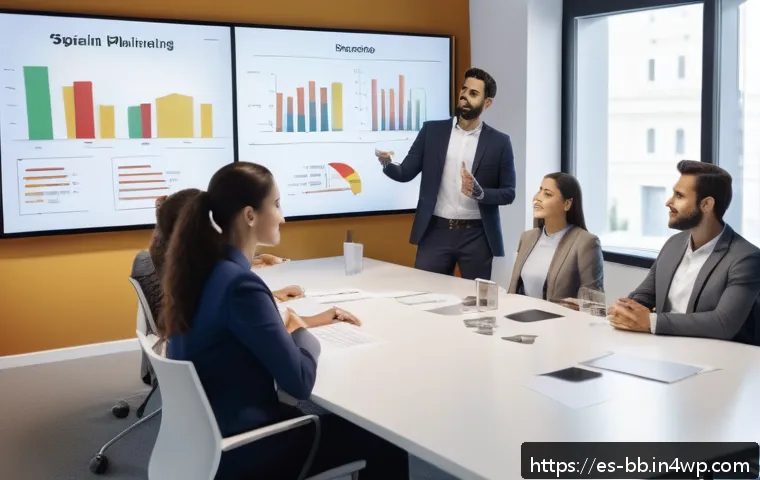 비상 재무계획의 실질적인 적용 사례 - A modern office scene showing a diverse team of Spanish-speaking professionals in business casual at...