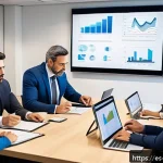 Home 19 비상 재무계획의 규제 준수 사항 - A modern Spanish corporate office environment where a diverse team of professionals in business atti...